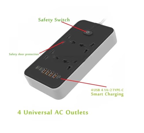 Image of Extension Board, Power Strip with 4 USB Ports and 4 Universal Socket, 2500W 10A Extension Cord, 3-Pin Surge Protector Power Strip for Home, Office, Computer, Mobile Charging (Z66-White)