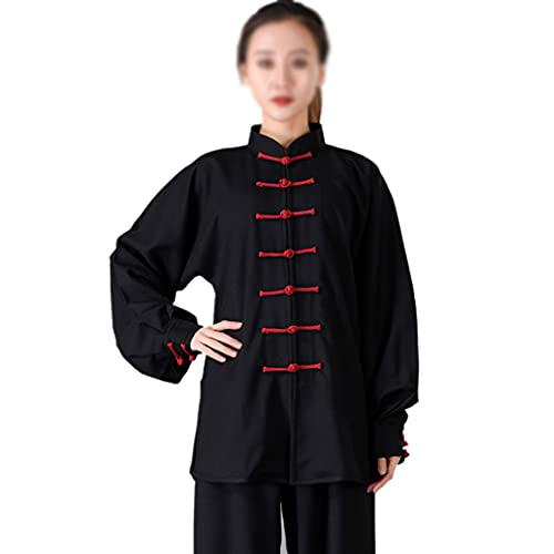 ZHOUXIAO Baumwollleinen Taichi Uniform Frau Stretch Martial Arts Anzug Kung Fu Kleidung Zen Meditation Kleidung Morning Übungen Kleidung Langarm Jacke Hemd Hosen Black-S Cover