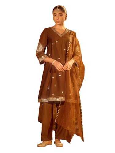 Image of FIORRA Women's Brown Viscose Chanderi Embroidered & Gota Patti Work Ethnic A-Line Kurta Set with Dupatta
