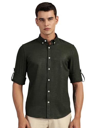 Image of Thomas Scott Men's | Solid | Textured Fabric | Full Sleeve | Slim Fit | Polyester-Blend | Spread Collar | Casual Shirt