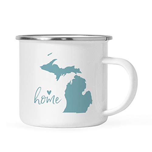 Andaz Press 11oz. US State Stainless Steel Campfire Coffee Mug Gift, Aqua Home Heart, Michigan, 1-Pack, Metal Camping Camp Cup Long Distance Moving Away Hostess Graduation Gift
