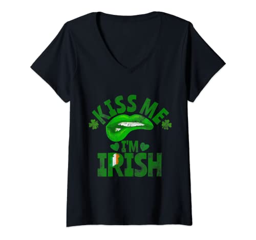 Donna Kiss Me I'm Irish Flag Clover Funny Saint Patrick Day Womens Maglietta con Collo a V
