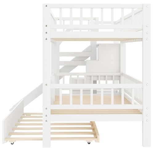 Image of Twin over Twin Bunk Bed with Storage Staircase,Slide and Trundle,White