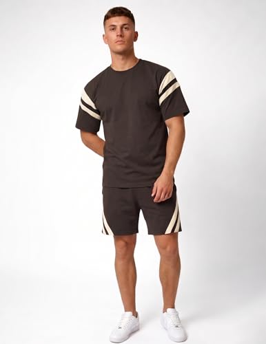 Image of CHKOKKO Men's Co-Ord Set Premium Cotton Blend Oversized T-Shirt & Shorts Cord Set with Side Pockets Round Neck Half Sleeves Solid with Contrasting Stripes Summer or Casual Wear