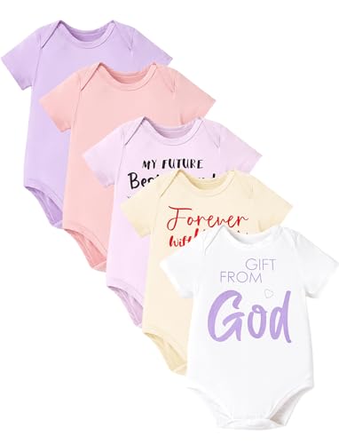 Image of PATPAT Baby Bodysuits - Soft Viscose Made from Bamboo - Short Sleeve Funny for Boys and Girls -Newborn Infant Toddler Gift Clothes - 5 Pack God's Gift 0-3 Months White/Yellow/Purple/Pink