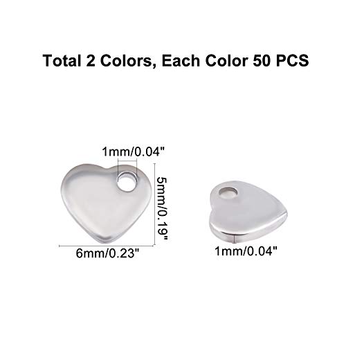 UNICRAFTALE Circa 100 pz 2 Colori Ciondolo Cuore Piatto Piccolo Ciondolo Amore Ciondolo in Acciaio Inox Ciondolo Ipoallergenico 1 mm Piccolo Foro per Creazione di Gioielli, 6 mm di Larghezza