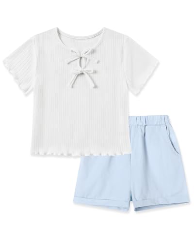 SANMIO Girls 2 Piece Outfits Girl Clothes Fashion Summer Bows Ruffle Ribbed Short Sleeves Tops and Denim Shorts Clothing Set Size 9-10 Years