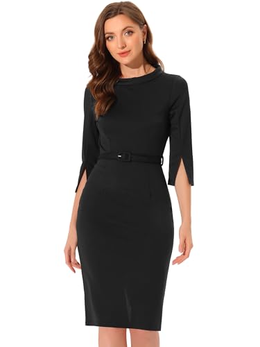 Allegra K Office Sheath Dress for Women's Mock Neck 3/4 Sleeves Pencil Dresses