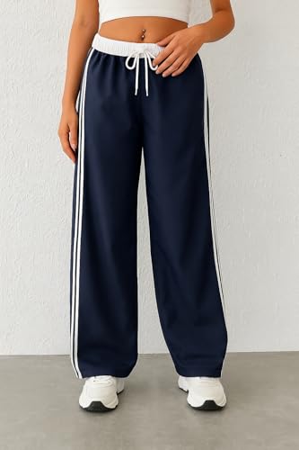 Image of SAKHWALA Women Track Pant | Women's Wide Leg Track Pants High Waist Drawstring Sweatpants with Side Stripes, Casual Loose Fit Lounge Joggers, White
