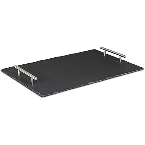 levandeo Tablett Schiefer 45x30cm Serviertablett Servierplatte Rechteckig Metallgriffe Metall Schieferplatte Deko Tischdeko Handgeschlagen Cover
