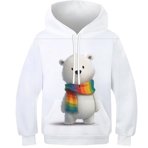 Pull ours polaire fille et garçon 9-11 ans avec écharpe arc-en-ciel imprimée 3D