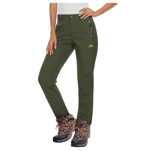 MAGCOMSEN Women's Fleece Lined Waterproof Insulated Softshell Pants Outdoor Snow Ski Pants Winter Warm Hiking Pants Army Green L