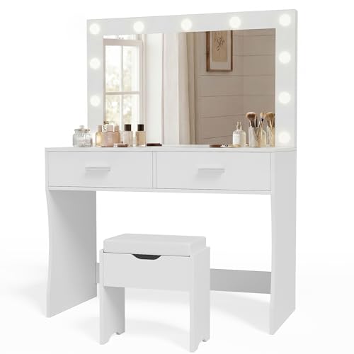 Image of YESHOMY Vanity Desk with Mirror,Makeup Vanity Table with 11 Adjustable Lights and 2 Spacious Drawers,3 Lighting Modes with Control&Soft-Padded Storage Stool,Modern Bedroom Vanity Set, White