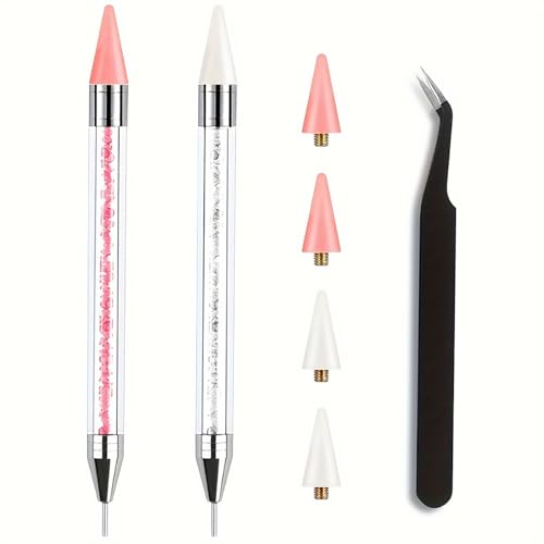 Lápiz Pluma Selector Cristal,2 PCS Lápiz de Cera para Diamantes de Imitación Bolígrafos de Pintura de Diamantes Herramienta de Arte de Uñas Manicura Selector de Gemas de Doble Puntas Rosa+Blanco Pen
