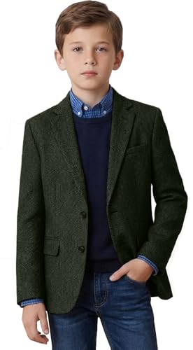 Image of Tweed Herringbone Boys Blazer Classic Jacket for Kids Casual Sport Coat | Wrinkle-resistant for easy care. Soft breathable fabric delivers comfy wear, classic pattern fits all formal events.