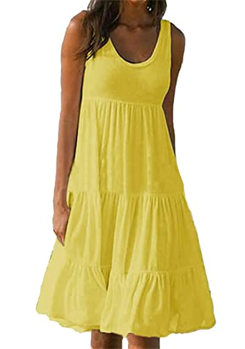 Robe d'été plissée jaune YMING en taille S avec col rond sans manches