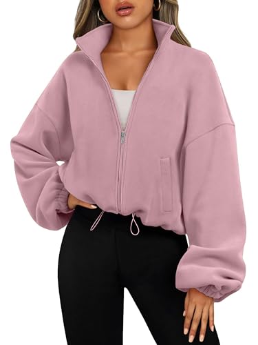 Timuspo Fleecejacken Damen Kordelzug am Saum Fleecejacke Ohne Kapuze Full Zip Lange Ärmel Kurze Winterjacke Einfarbig Fleece Basic Hoodie Sweatshirt Hellviolett L