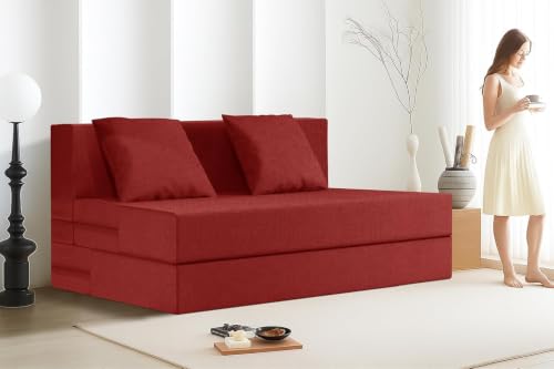 Image of Rosebell Lightweight Foldable 2-Person Sofa Cum Bed Jute Fabric- Washable Cover- Including Cushion - Size 4' X 6' Ft (Red) Perfect for Home & Office
