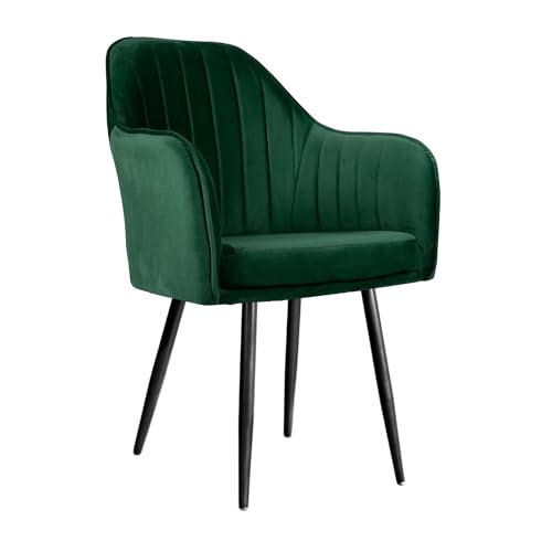 Image of Plush Dining Chair | Accent Chair for Living Room Bedroom Restuarant | Velvet Fabric & Thick Cushion Seat with Sturdy Glossy Metal Legs (Black Legs, Green)