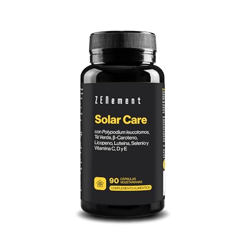 Solar Care, con Polypodium leucotomos, Té Verde, β-Caroteno, Licopeno, Luteína, Selenio y Vitamina C, D y E, 90 Cápsulas Vegetarianas | Prepara la piel para el bronceado | Vegetariano | Zenement