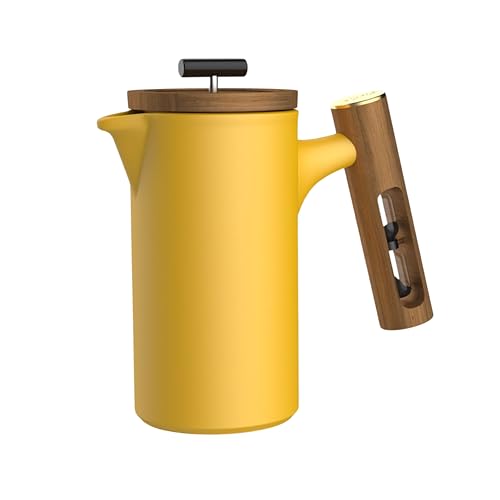 Image of Lector Polaris French Press Coffee Maker, 600ML, Ceramic Manual Coffee & Tea Brewer with Natural Wooden Handle & Lid | Strong Build, Superior Filtration, Innovative 4 Minute Hour Glass Timer (Yellow).