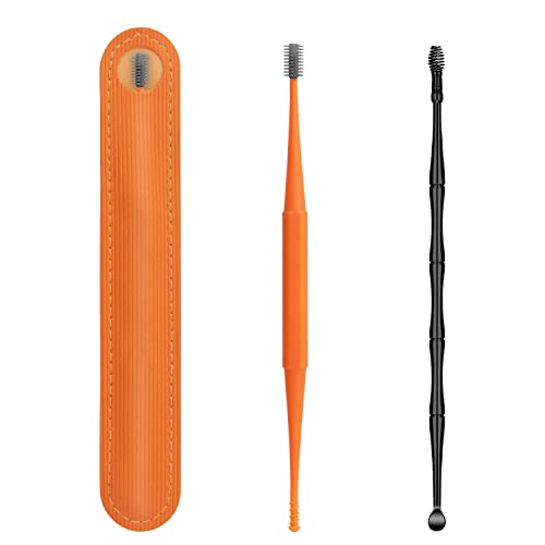 Q Grips Earwax Removal Kit Ears Cleaner 2 Pieces Ear Remover Pick Tool Set Reusable Soft Silicone with Exquisite Leather case for Olders Adult Kids (Orange)