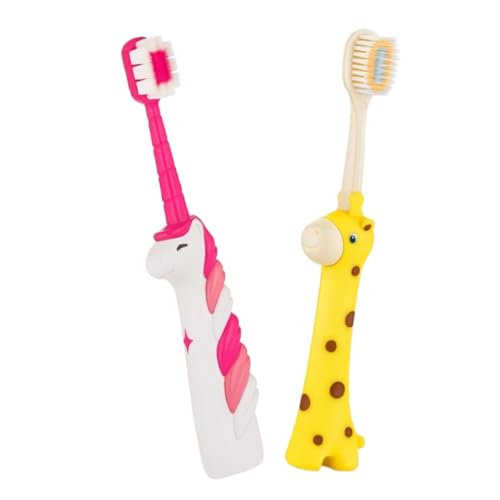 BeeBaby Brush Buddy Baby Toothbrush for Kids 3-6 Years, Ultra Soft Tapered Bristles Toddler Toothbrush for Milk & Permanent Teeth, BPA Free Easy Grip Toothbrush for Sensitive Gums, Pack of 2. Unicorn Pink_Giraffe Yellow