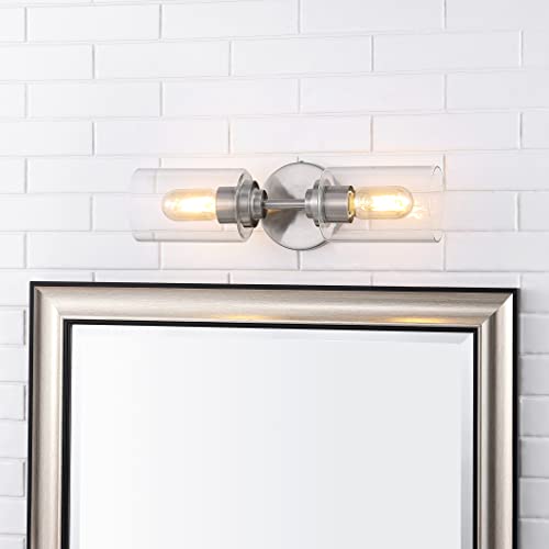 Image of JONATHAN Y 16 inch Nickel /Clear Farmhouse 2-Light Wall Sconce, Industrial Vanity Light for Bathroom Mirror, Entryway, Hallway, Clear Glass Cylinder Shades, LED Bulbs (JYL9548C)