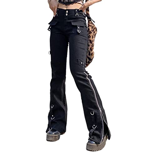 Women Y2K High Waisted Jeans Gothic Baggy Gothic Cargo Jeans Wide Straight Leg Punk Denim Pants Loose Trousers Streetwear