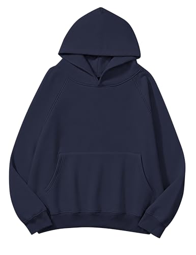Lauweion Women Solid Basic Fleece Letter Loose Hoodie Sweatshirt Long Sleeve Kangaroo Pocket Drop Shoulder Pullovers Top Navy