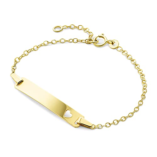 MIORE Bijoux pour Enfants Gourmette Identité avec Plaque à Graver et Cœur decoupé Bracelet avec Chaîne en Or Jaune 9 carats / 375 Or, longueur réglable de 12 à 14 cm