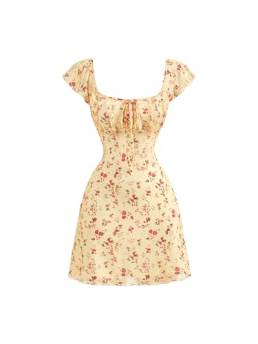 Floerns Women's Floral Print Cap Sleeve Dress Square Neck Tie Front Summer A Line Cute Mini Dresses