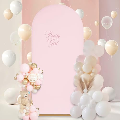 Image of SoarDream Pink Wedding Arch Backdrop Cover 6.6FT Spandex Fitted Pink Wedding Arch Covers Round Top Chiara Arches Backdrop Cover Fabric for Baby Shower Balloon Party Decoration