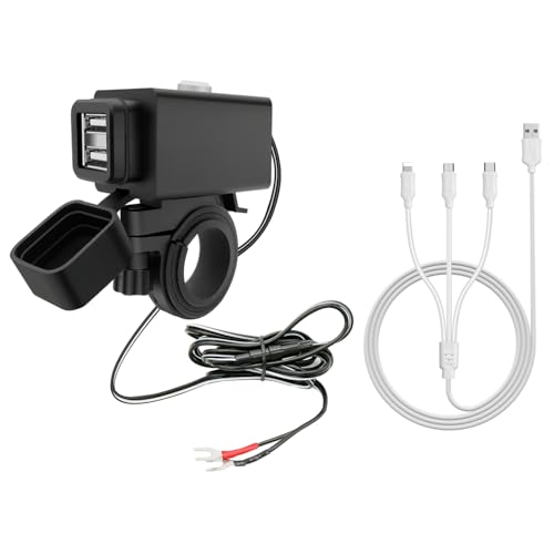 Hoembpn Cargador USB para Moto Adaptador de Enchufe de Carga para Moto de Doble Puerto USB Impermeable con Interruptor de Encendido + Cable de Carga Multi USB 3 en 1 para Smartphone, Tablet, Cámara
