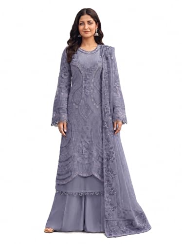 Image of RUDRAPRAYAG Women's Georgette Fabric Wih Embroidered Sequence Work And On Neck Moti Hand Work Semi Stitched Sharara Salwar Suit With Dupatta Set