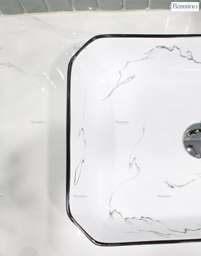 Image of BASSINO 18x13x5 Inches Ceramic Counter Top Wash Basin /White & Black Marble Print Basin for Bathroom /Rectangular Shape Tabletop Washbasin for Restaurant /Dining Hall /Living Room /Home(Glossy)