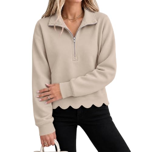 Quarter Zip Pullover Women 1/4 Zip Scalloped Comfy Pullover Sweatshirt - image 3