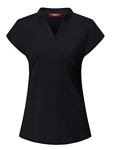 Felisou Moisture Wicking Shirts Women, Ladies V-Neck Short Sleeve Tennis Golf Polo Running Yoga Tops Running Workout T-Shirt Polo Golf Shirt Workout Tops for Women Golf Clothes Black XL