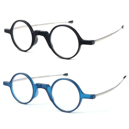 KoKoBin Folding round Reading Glasses with Telescopic Rod and Leather Case Keychain Small Portable Blue Light Blocking Reader for Men and Women (2 Pack BlackBlue, 2, Dioptres) - Image 3