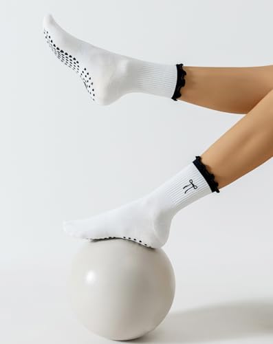 Image of Yawlsow Cute Pilates Grip Socks for Women Ruffle Frilly Yoga Socks Non Slip Cotton Crew Grippy Sock for Barre Workout