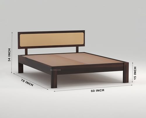 Image of SUNCOM Wooden Queen Size Bed for Bedroom | Wooden Double Bed | Platform Cot Bed with Upholstered Cushioned Headboard | 6.5 x 5 Ft | Sheesham Solid Wood, Walnut Finish