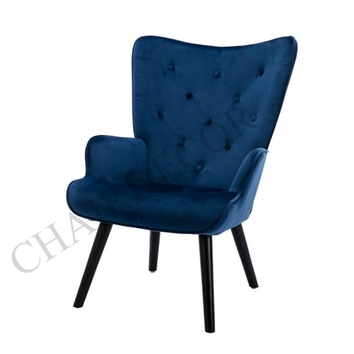 Image of Velvet Wingback Accent Chair for Living Room | Luxury High Back Tufted Armchair with Glossy Metal Legs | Modern Velvet Upholstered Lounge Chair for Home & Office | 1 Pc (Blue)