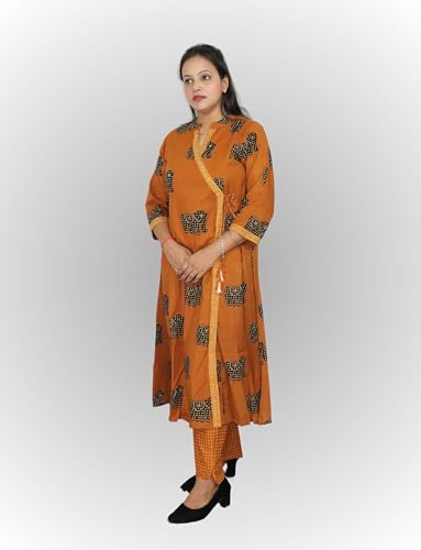 Image of Vedickulture Traditional Elephant Print Angrakha Kurta Set with Pants, Mustard Orange, Cotton, 3 /4 Sleeve