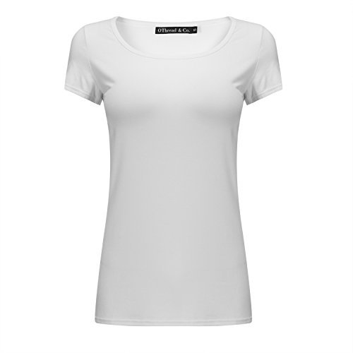 OThread & Co. Women's Short Sleeve T-Shirt Scoop Neck Basic Layer Spandex Shirts (Small, White)