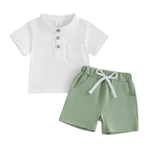 Image of Gueuusu Toddler Baby Boy Girl Summer Clothes Short Sleeve Button Up Polo Shirt Elastic Waist Shorts Set Solid Color Outfit (A-Green, 6-12 Months)