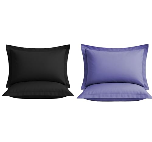 Image of VAS COLLECTIONS Premium Pillow Cover Set of 4 Piece | 210 TC 100% Pure Cotton | Solid Color Hotel Quality Pillow Covers, Hotel & Hospital Use | 18 x 28 Inches (1, Solid Black & Levander)