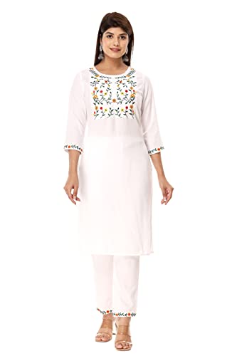 VIHAAN IMPEX Kurti indio blanco floral bordado Kurta con pantalón para mujer vestido, blanco, XXL Cover