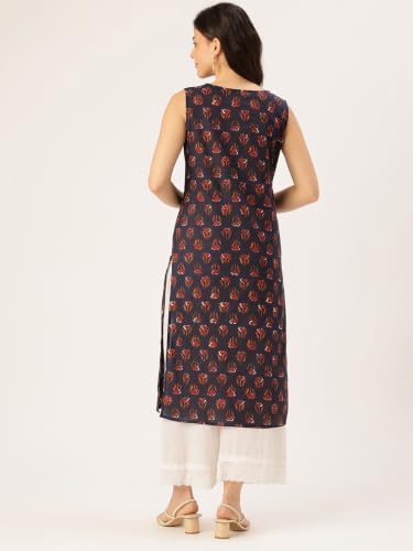 Image of feranoid Women's Pure Cotton Floral Print Straight Kurti | Elegant Curved V-Neck | Sleeveless Calf-Length Ethnic Wear | Comfortable Regular Fit | Sizes XS-XXL