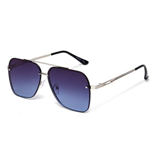 Image of GAINX Retro Square Aviator UV Protected Sunglasses Premium Glass Lens Flat Metal Sun Glasses Men Women (Blue Silver)-Pack Of 1