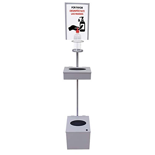 Dispensador de Pie para Gel Hidroalcohólico Desinfectante de Manos para Comercios y Oficinas, con Cartelera A4, Caja Cerrada para Caja Guantes y Papelera con Tapa. Fabricado en España